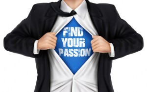 businessman showing Find your passion words underneath his shirt over white background
